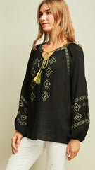Black Embroidered Long Sleeve Tie Top