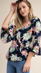 Navy Floral Cross Over Top with Ruffle Sleeves - Midnight Magnolia Boutique