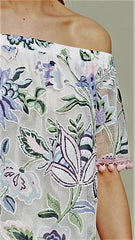 Pink, Ivory & Lavender Floral Off Shoulder Top with Pom Poms - Midnight Magnolia Boutique