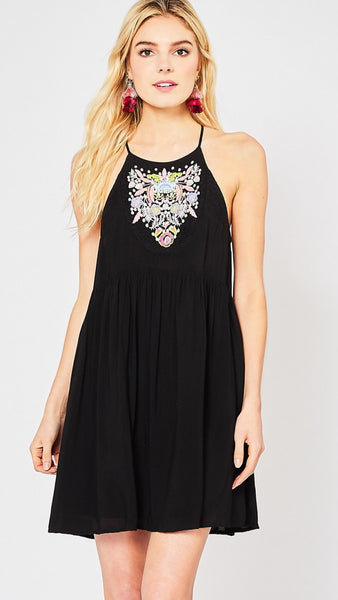 Black Halter Neck Embroidered Dress - Midnight Magnolia Boutique