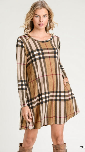 Taupe Plaid Long Sleeve Dress - Midnight Magnolia Boutique