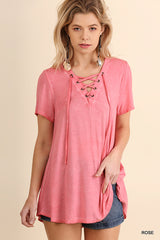 Coral Washed V-Neck Top with Lace Up - Midnight Magnolia Boutique