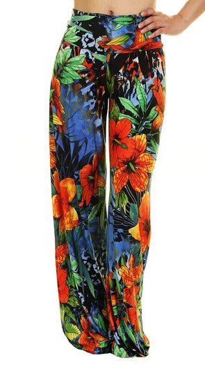 Orange , Blue and Green Tropical Print Palazzo Pants - Midnight Magnolia Boutique