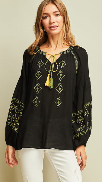 Black Embroidered Long Sleeve Tie Top