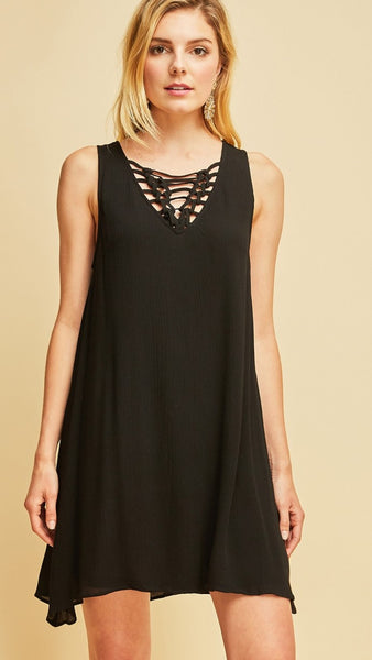 Black Solid Sleeveless Dress with Tassels in Back - Midnight Magnolia Boutique