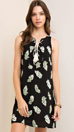 Black Feather Print Dress with Lace Up Detail - Midnight Magnolia Boutique