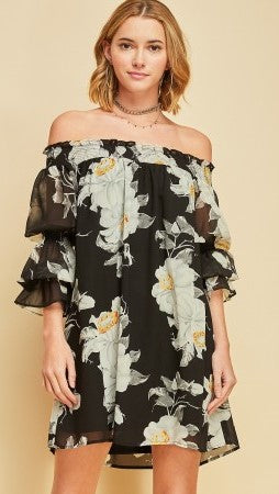Black Floral Off Shoulder Dress - Midnight Magnolia Boutique