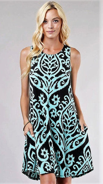 Black & Mint Damask Print Sleeveless Dress - Midnight Magnolia Boutique