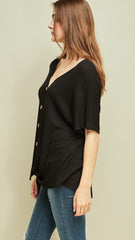 Black V-Neck Tie Top with Wooden Buttons - Midnight Magnolia Boutique