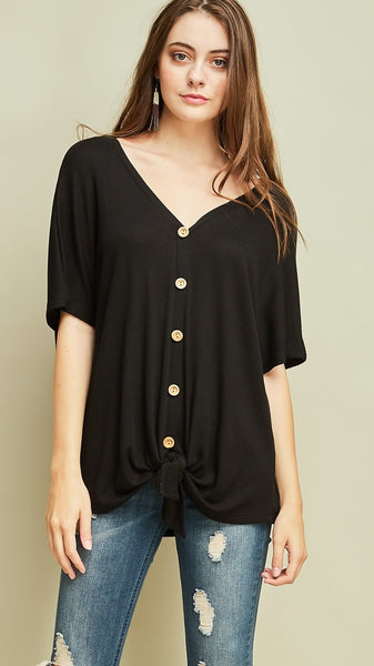 Black V-Neck Tie Top with Wooden Buttons - Midnight Magnolia Boutique