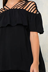 Black Solid Ruffled Strappy Shoulder Top - Midnight Magnolia Boutique