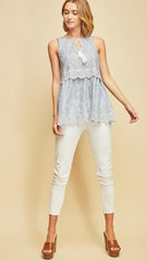 Blue & White Pinstripe Top with Floral Embroidery - Midnight Magnolia Boutique