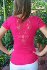 Pink Short Sleeve V-Neck Top with Crochet Back Detail - Midnight Magnolia Boutique