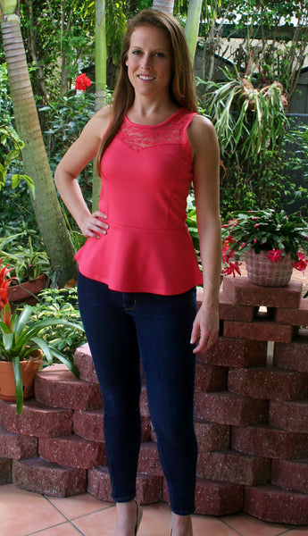 Coral Lace Peplum Top with Keyhole Back - Midnight Magnolia Boutique