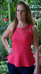 Coral Lace Peplum Top with Keyhole Back - Midnight Magnolia Boutique