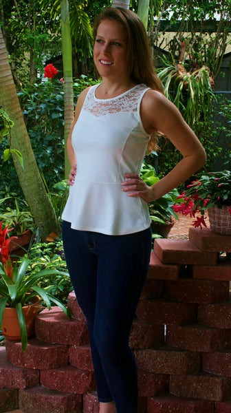 Ivory Lace Peplum Top with Keyhole Back - Midnight Magnolia Boutique