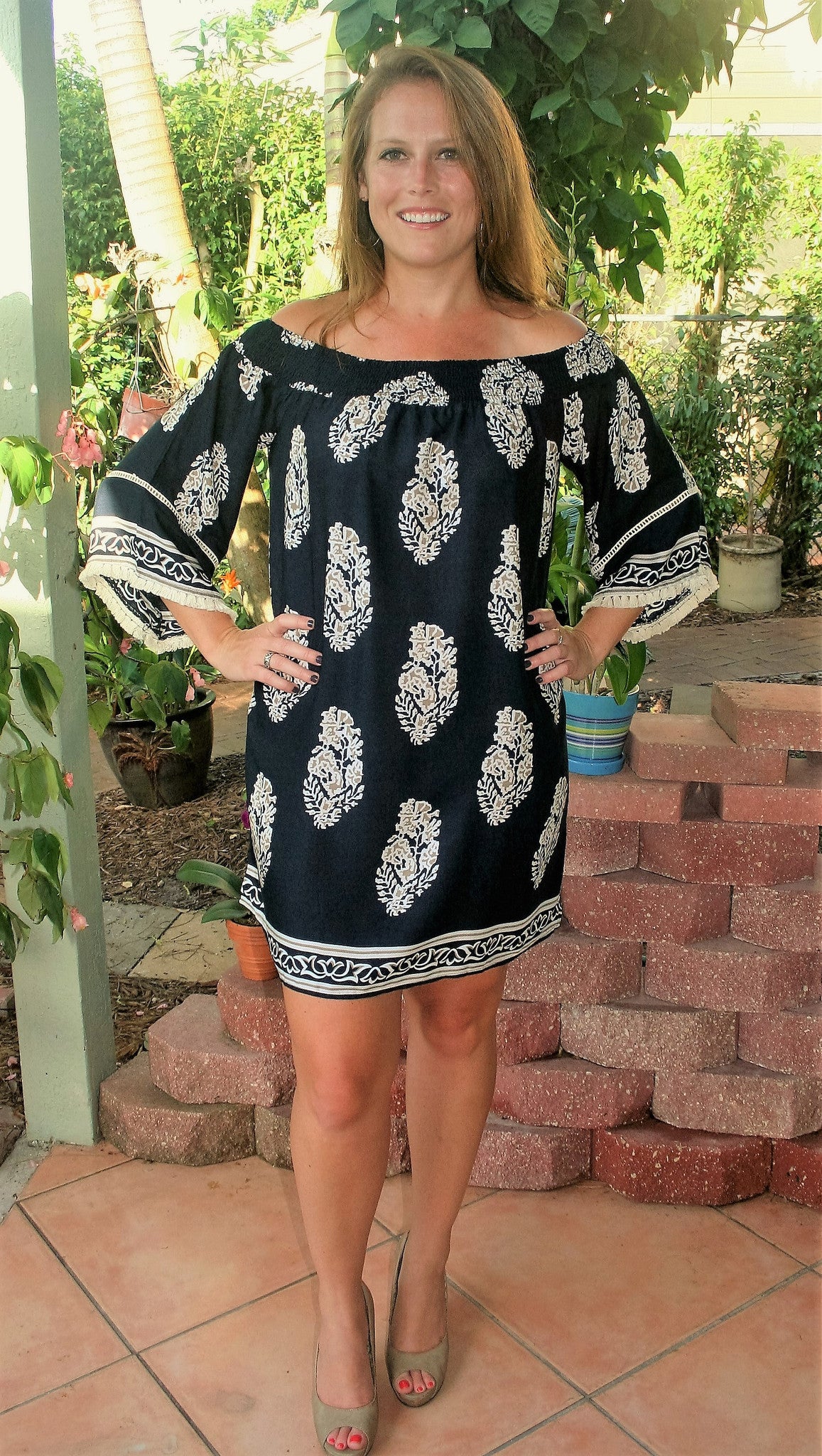 Navy Blue & Taupe Off the Shoulder Floral  Print Tunic - Midnight Magnolia Boutique