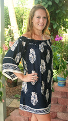 Navy Blue & Taupe Off the Shoulder Floral  Print Tunic - Midnight Magnolia Boutique