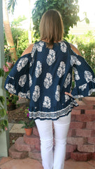 Navy Blue & Taupe Paisley Print Cold Shoulder Top - Midnight Magnolia Boutique