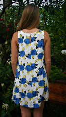 Royal Blue, Yellow and White Floral Print Sleeveless Dress - Midnight Magnolia Boutique