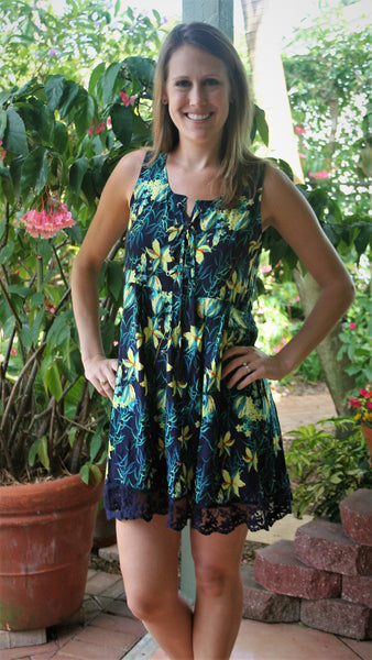 Navy Blue & Yellow Floral Print Lace Up Dress - Midnight Magnolia Boutique