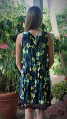 Navy Blue & Yellow Floral Print Lace Up Dress - Midnight Magnolia Boutique