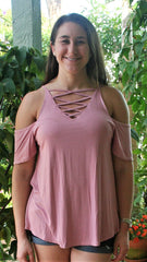 Strawberry Red Top with Cold Shoulders & Criss Cross Front - Midnight Magnolia Boutique