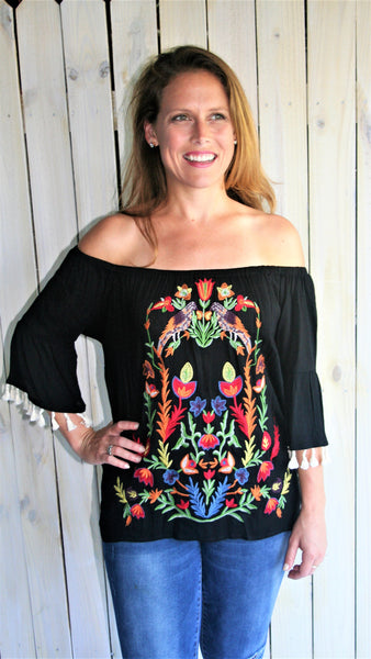 Black Embroidered Off Shoulder Top with Tassels - Midnight Magnolia Boutique