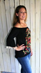 Black Embroidered Off Shoulder Top with Tassels - Midnight Magnolia Boutique