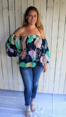 Navy Blue Floral Print Off-Shoulder Top with Bubble Sleeves - Midnight Magnolia Boutique
