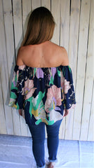 Navy Blue Floral Print Off-Shoulder Top with Bubble Sleeves - Midnight Magnolia Boutique