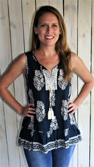 Navy Blue & Taupe Bohemian Sleeveless Top with Tassels - Midnight Magnolia Boutique