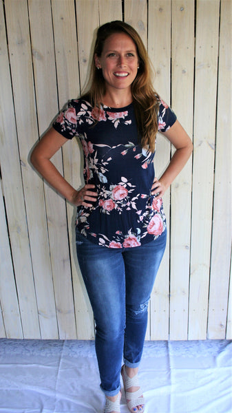 Navy Blue Floral Print Tee Shirt - Midnight Magnolia Boutique