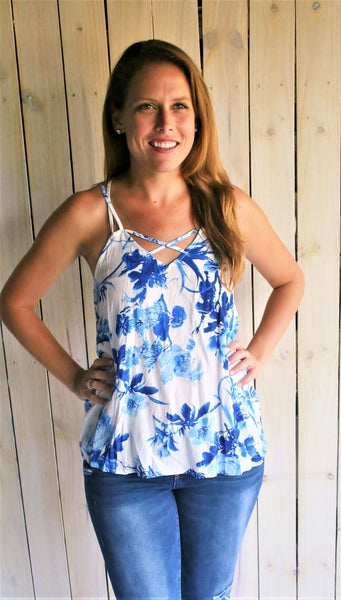 Royal Blue & White Floral Print Tank with Cut Out Back - Midnight Magnolia Boutique