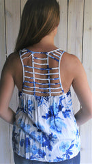Royal Blue & White Floral Print Tank with Cut Out Back - Midnight Magnolia Boutique