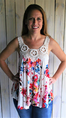 Pink, Red and Blue Floral Top with Seashell Embroidery - Midnight Magnolia Boutique