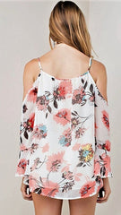 Ivory, Coral and Grey Floral Cold Shoulder Top - Midnight Magnolia Boutique