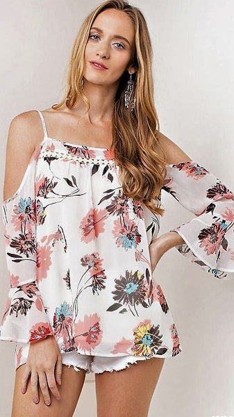 Ivory, Coral and Grey Floral Cold Shoulder Top - Midnight Magnolia Boutique