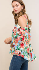 Light Blue Floral Open Shoulder Top with Waterfall Sleeves - Midnight Magnolia Boutique