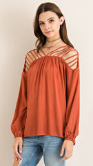 Terra Cotta Top with Strappy Cut out Shoulders - Midnight Magnolia Boutique