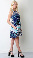 Navy & Aqua Halter Geo Print Dress - Midnight Magnolia Boutique