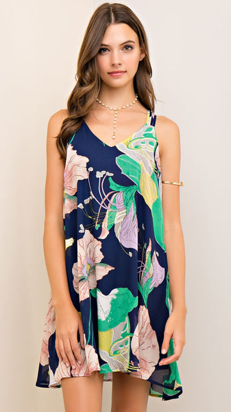 Navy Blue Floral Dress with Strappy Back - Midnight Magnolia Boutique