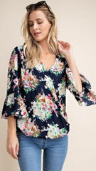 Navy Floral Cross Over Top with Ruffle Sleeves - Midnight Magnolia Boutique