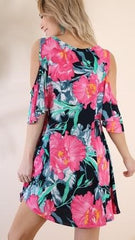 Navy & Pink Floral Cold Shoulder Dress - Midnight Magnolia Boutique