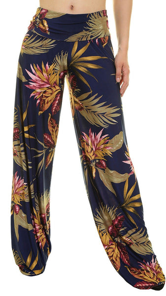 Navy & Taupe Tropical Print Palazzo Pants - Midnight Magnolia Boutique