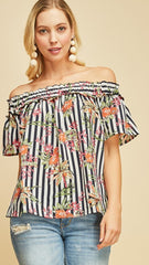 Navy & White Striped Floral Off Shoulder Top - Midnight Magnolia Boutique