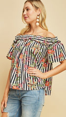 Navy & White Striped Floral Off Shoulder Top - Midnight Magnolia Boutique