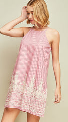 Pink & White Gingham Check Halter Dress with Embroidery - Midnight Magnolia Boutique