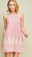 Pink & White Gingham Check Halter Dress with Embroidery - Midnight Magnolia Boutique