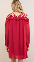Red Dress with Strappy Shoulders & Crochet Trim - Midnight Magnolia Boutique